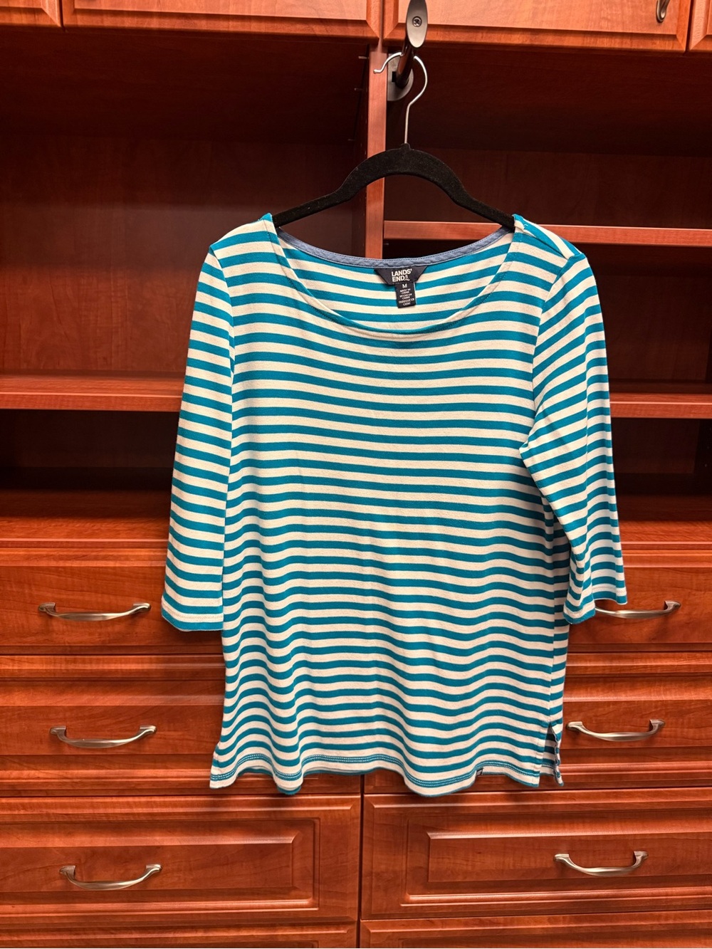 Lands' End Women's Teal and White Striped Boatneck Top